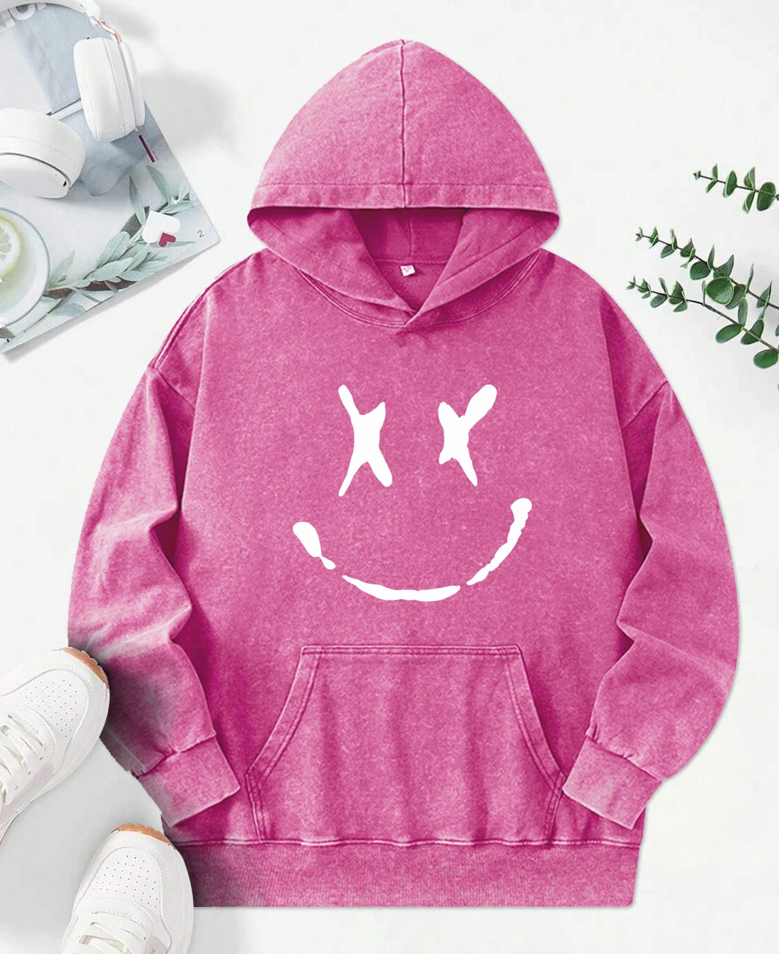 Creative Smiling Printed Washed Hoodies Women Hip Hop Cotton Streetwear Autumn Fashion Clothes Casual All-Match Unisex Hoody