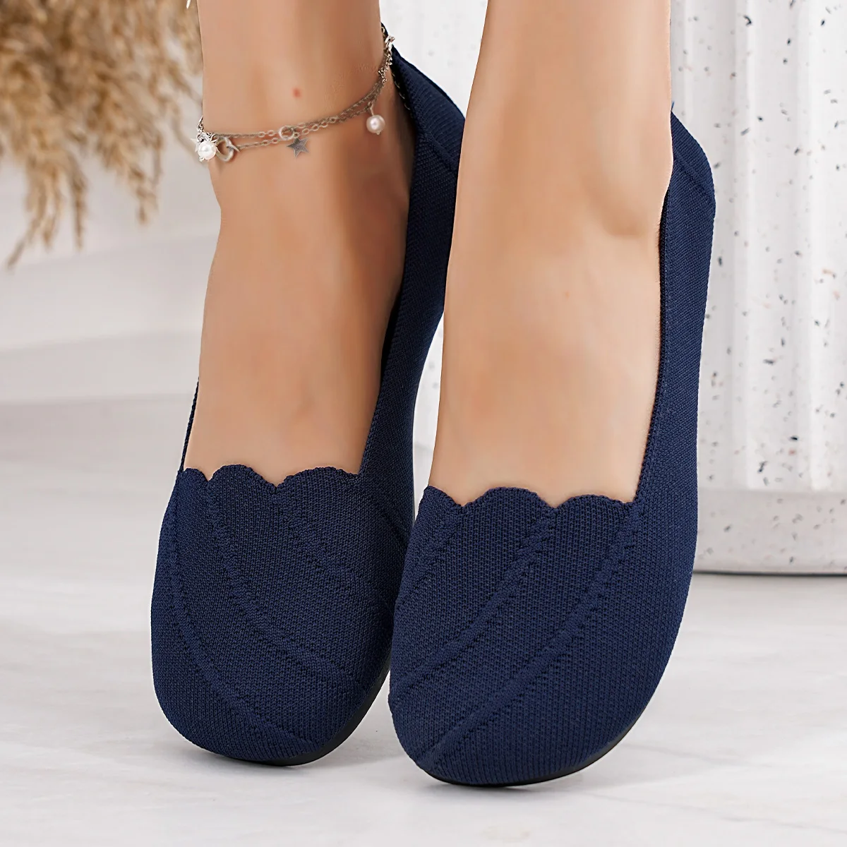 Lässige, flache, gestrickte, ausgehöhlte Arbeitsschuhe für Damen, einfarbig, runde Zehenpartie, atmungsaktive Slip-On-Schuhe, bequeme Sommerschuhe – Detail 9