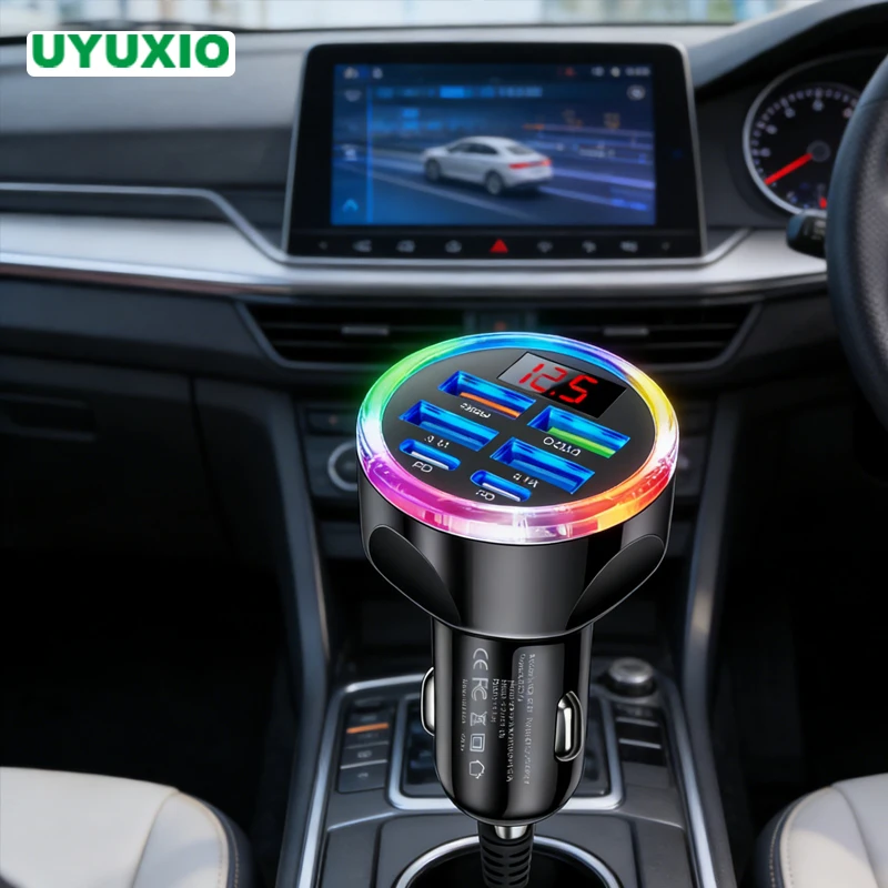 UYUXIO USB C Car Charger 6 in 1 with Volt Meter Multi Port Super Fast Charge Adapter with Voltage Display for Samsung iPhone