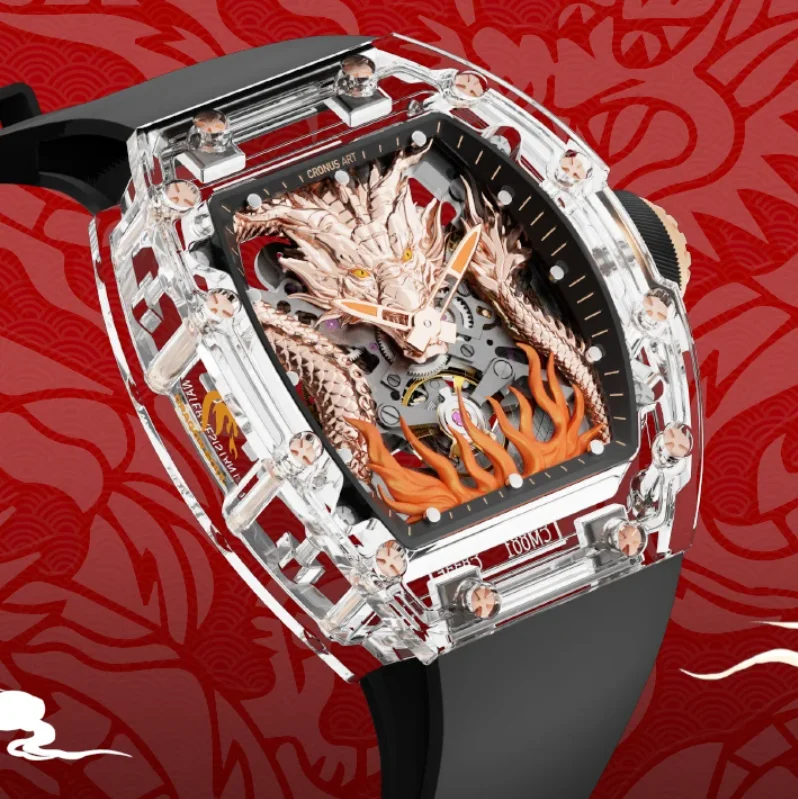 

CRONUSART мужские автоматические часы роскошные 50 мм механические наручные часы Tonneau акриловый корпус светящийся скелет 3D циферблат дракона