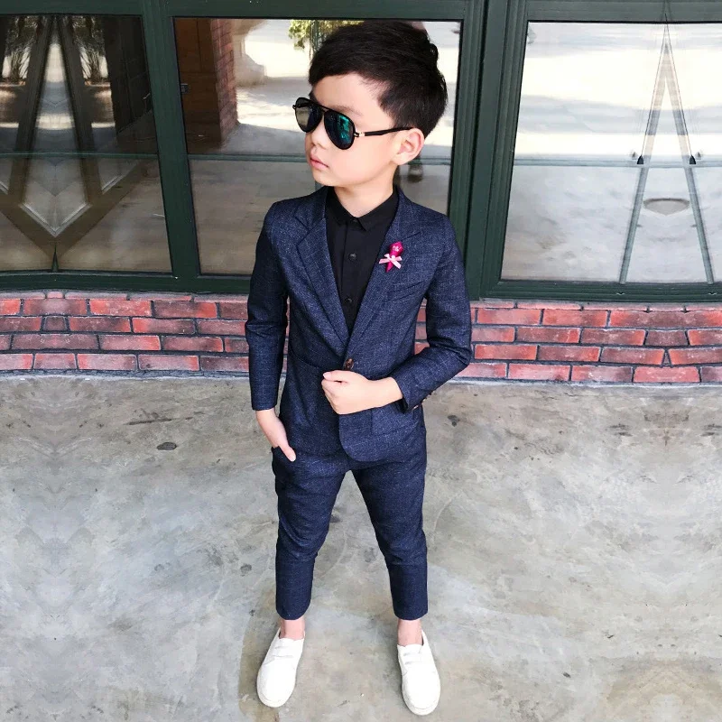 

2025 Formal Wedding Boy Costume 2 Pieces Blazer Pants Children Dress Suit Plaid Kids School Uniform Teenagers Party Clothes Wear
