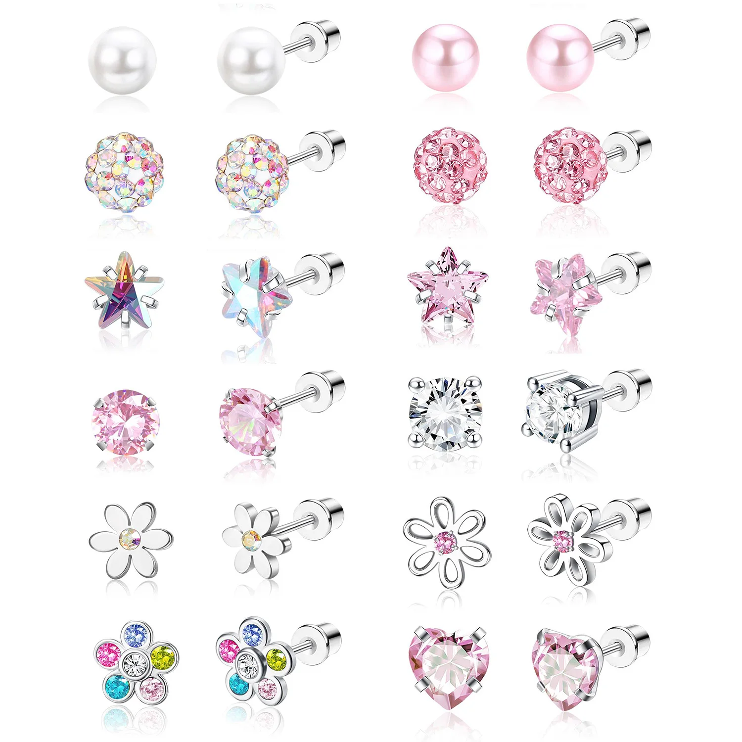 Bobisty 12 Pairs Screw Back Earrings for Women Surgical Steel Cute Pink CZ Heart Flower Pearl Ball Tiny Screwback Earring