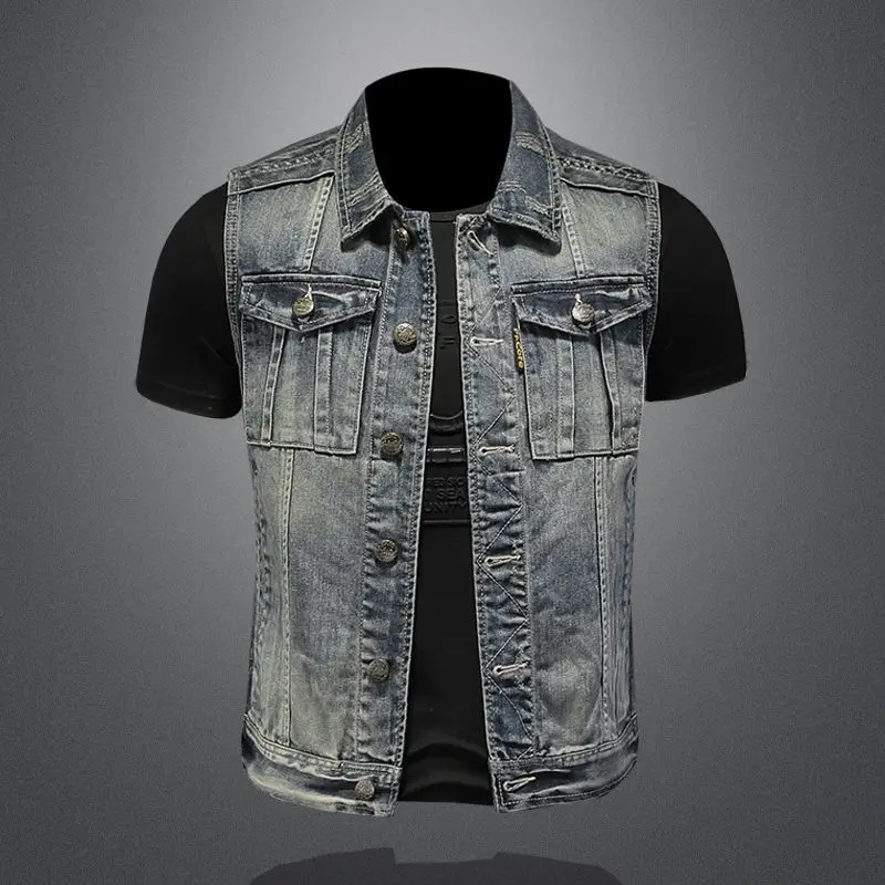 

Men's denim jackets vintage fashion streetwear motorcycle riding jersey vests high street fashion versatile denim vests menswear