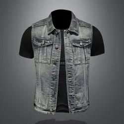 Men's denim jackets vintage fashion streetwear motorcycle riding jersey vests high street fashion versatile denim vests menswear