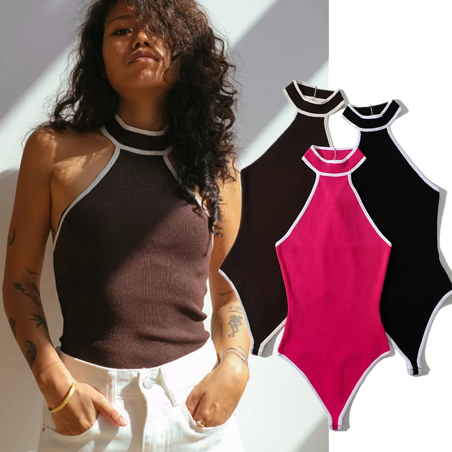 Witbered Ins Blogger Vintage High Street Kontras Warna Halter Seksi Harajuku Atasan Mode Rajutan Musim Panas Bodysuit Wanita