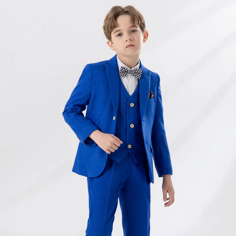 

Boys Formal Suits Clothing Sets Teen Kids Coat Vest Pants Bowtie 4pcs Wedding Tuxedo Suits Children Blue Blazer Party Costume