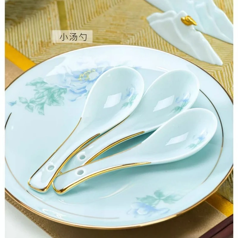 Celadon raw ore glazed tableware set, bowl combination, light luxury tableware, Chinese high-end