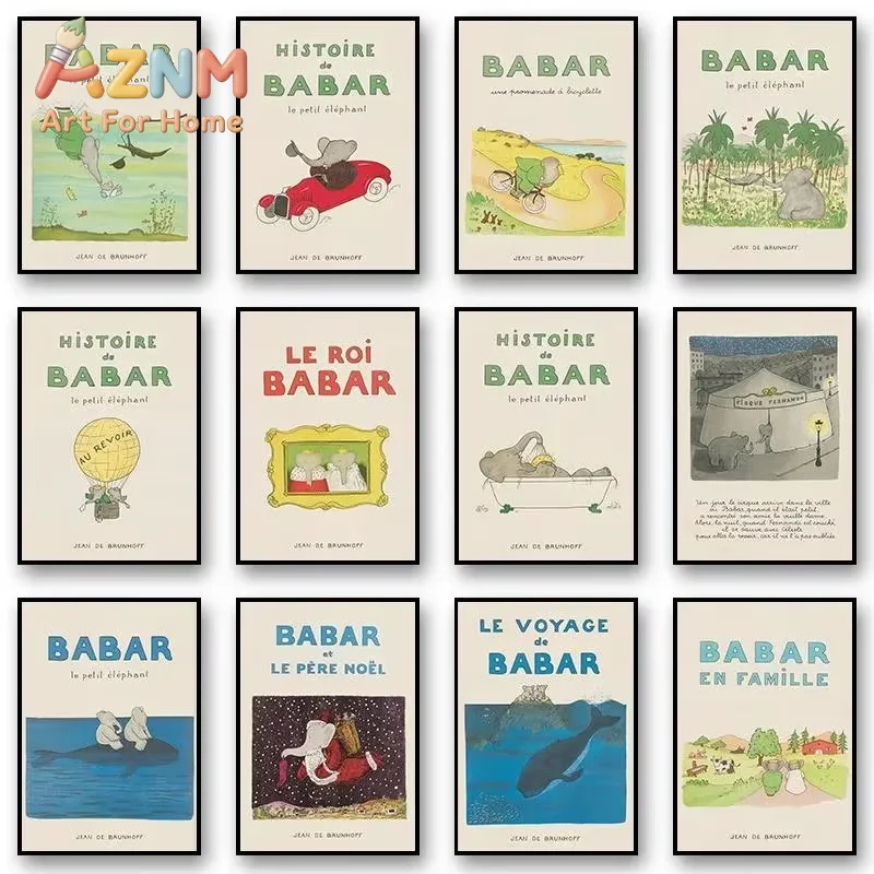 Vintage Babar the Elephant Cartoon Story Wall Art Canvas Prints for Kids Room Nursery Decor Animal Poster for Childrens Wall D