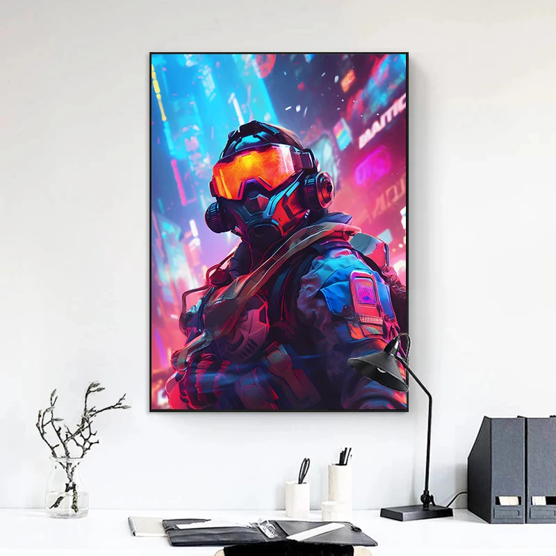 Neon Color Soldier Abstract Figure Portrait Posters and Prints Anti -virus Mask Soldier Wall Art Canvas Painting Home Decoration