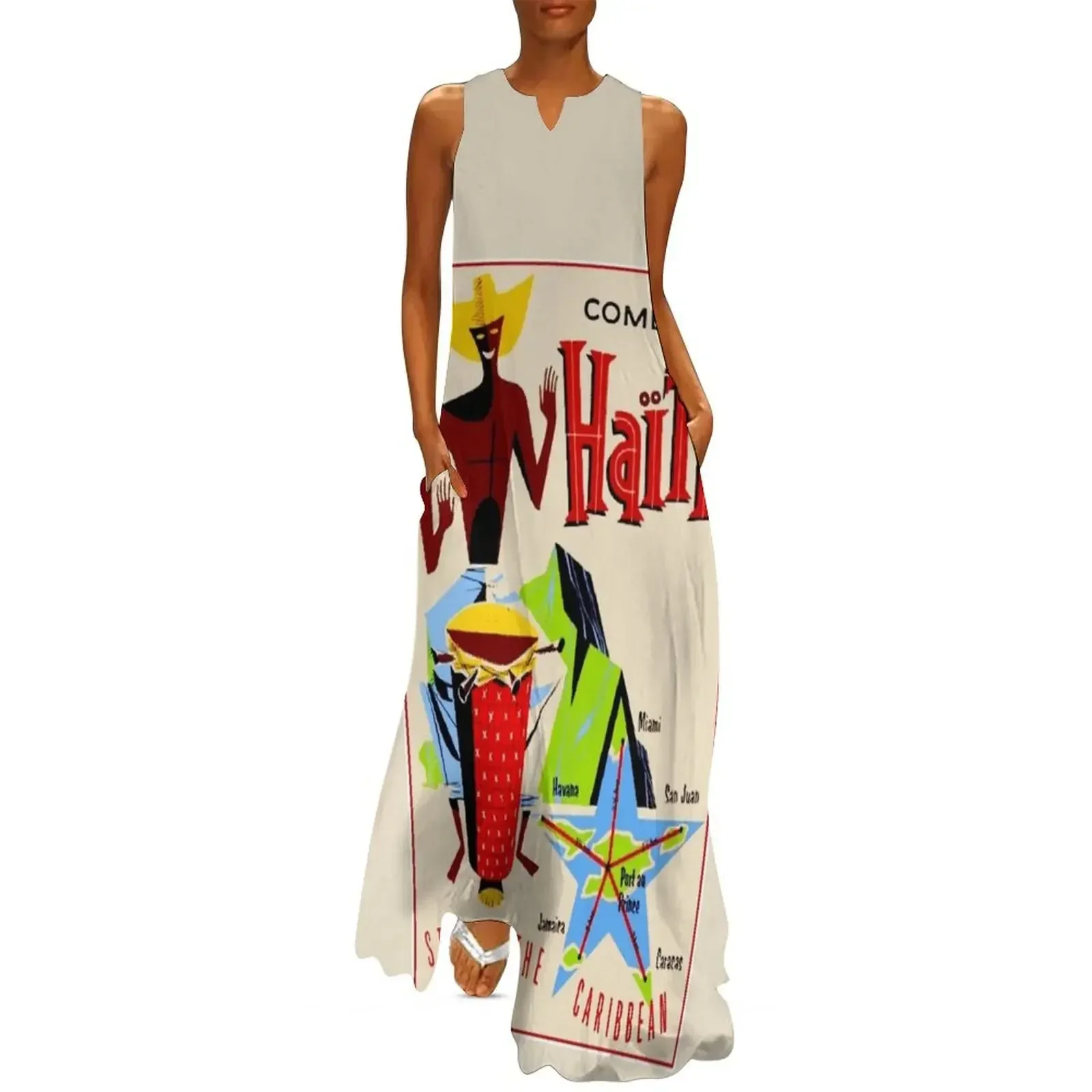 

HAITI : Vintage Travel Advertising Print Long Dress luxury dress women's dresses luxury dresses ladies 2025 summer Dress