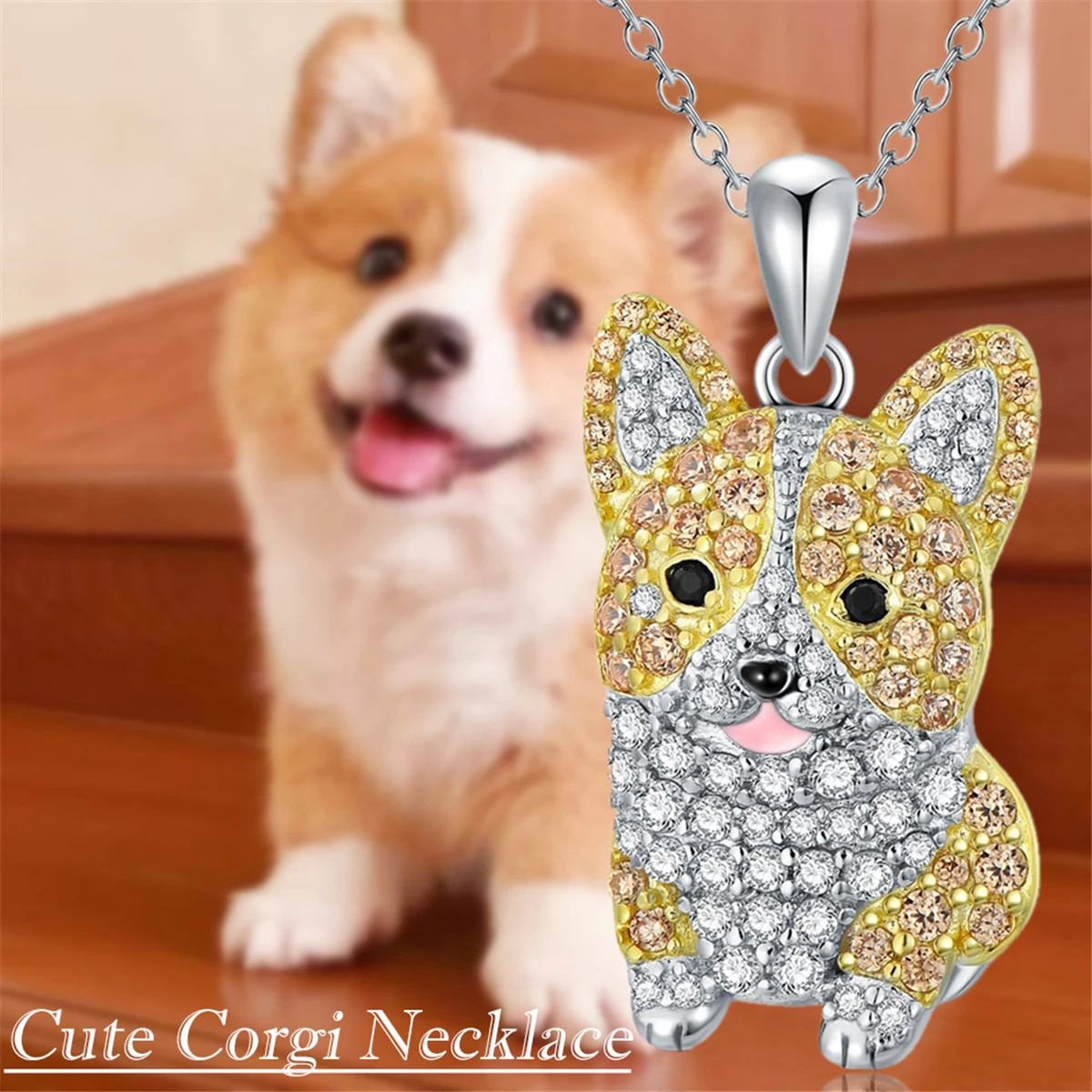 Creative Cute Sparkling Corgi Pendant Necklace for Women Exquisite Pet Puppy Jewelry Accessories Holiday Gifts for Dog Lovers