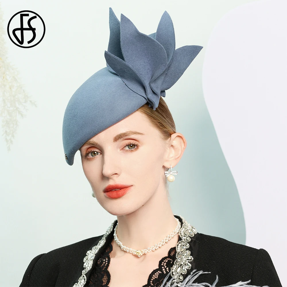 FS Wool Felt Berets Haze Blue Church Hats For Women With Big Flower Formal Occasion Fedoras Fascinator Ladies Retro Dress Cap