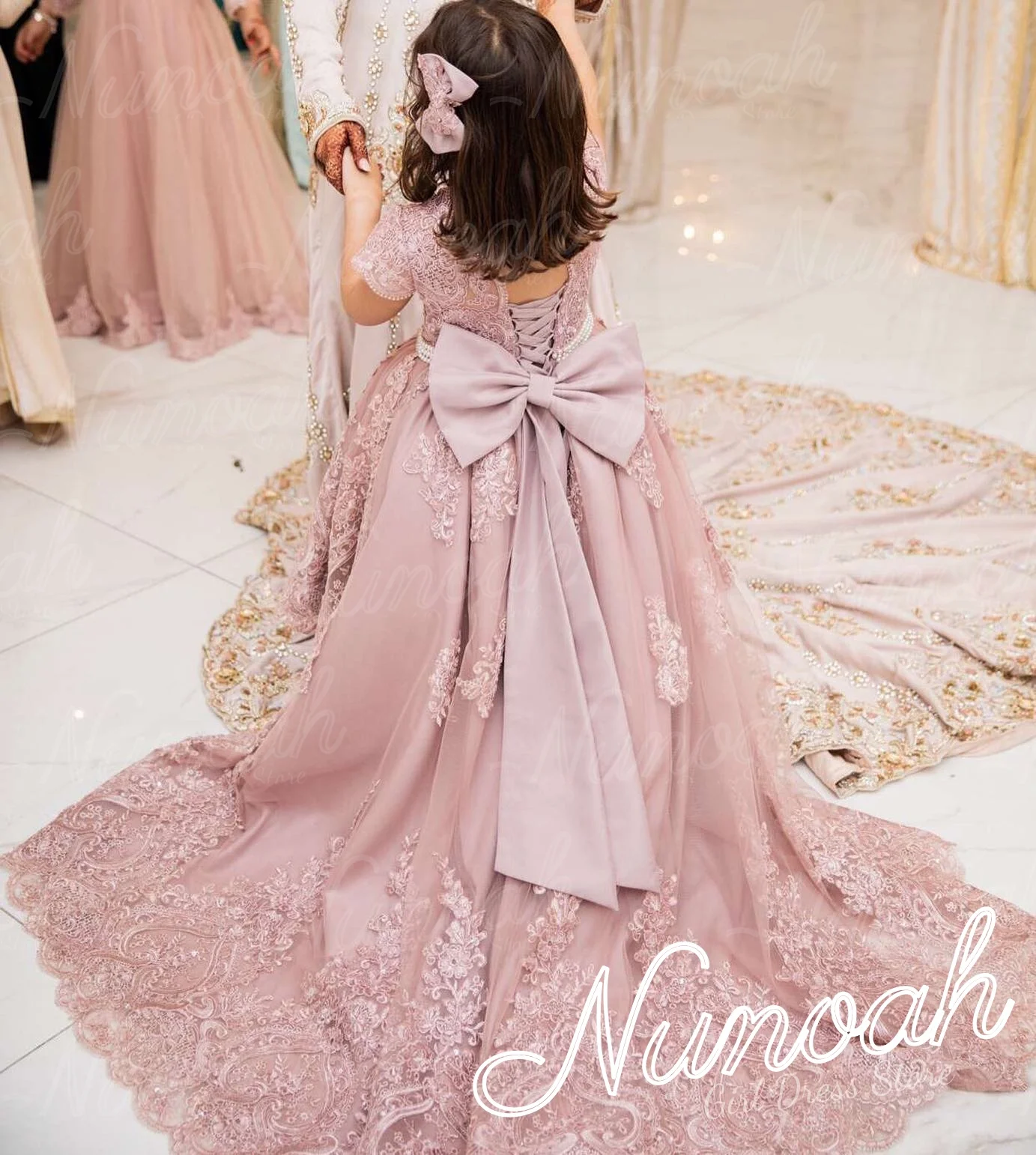 

Rose Pink Flower Girl Dress For Wedding Lace Appliques Birthday Party Beaded High-Low Length First Communion Gown Customized