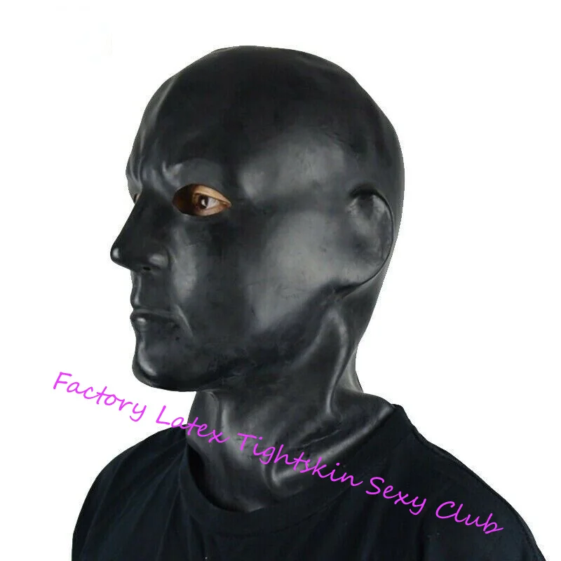 Black Latex Moulded Men Mask Rubber Hood 0.6.mm (fits Head Around 59-63cm) with Back Zip