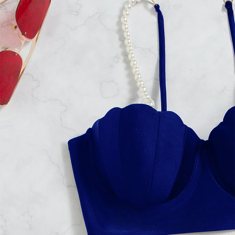 Elegant Blue Bikini Set with New Three-piece Sunscreen Swimsuit Design in Blue Pearl Straps  bathing suit women