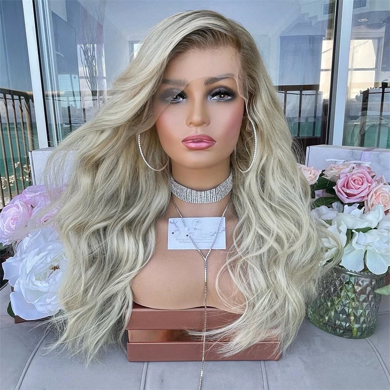 

Ash Blonde Wig with Roots Natural Wave Glueless Lace Front Wig Glueless WEar and Go Synthetic High Quality Futura Cosplay Women