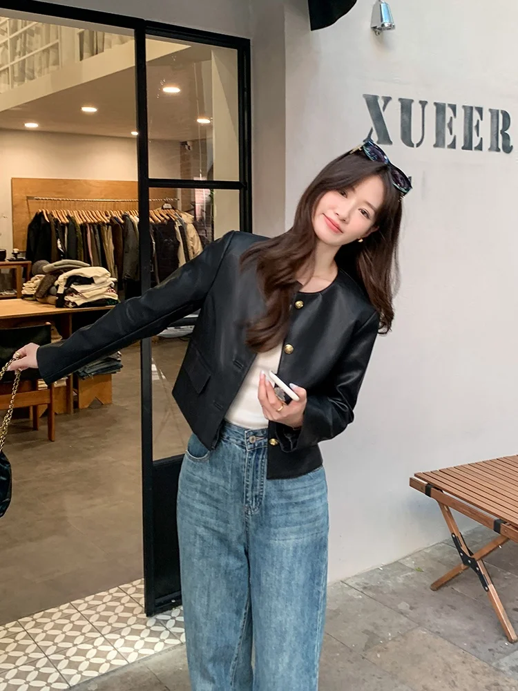 

Bla round Ne PU Leather Jaet ort Outerwear Women's Loose Casual Retro Coat Spring 2024 New Korean Sle Commute Wind