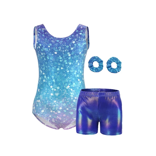Leotardos de gimnasia para niñas, trajes de una pieza sin mangas brillantes con pantalones cortos y diadema