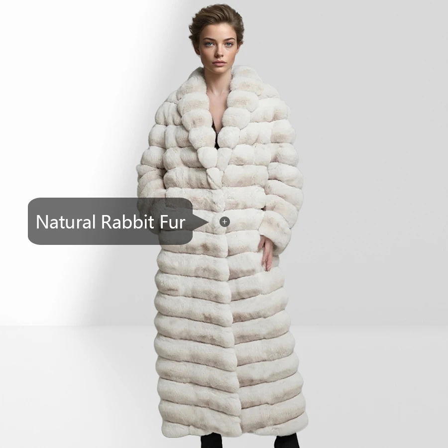 天然ウサギの毛皮のコートラペル付き女性の冬のロングファーコートリアルファーコートファッション高品質本革ジャケット