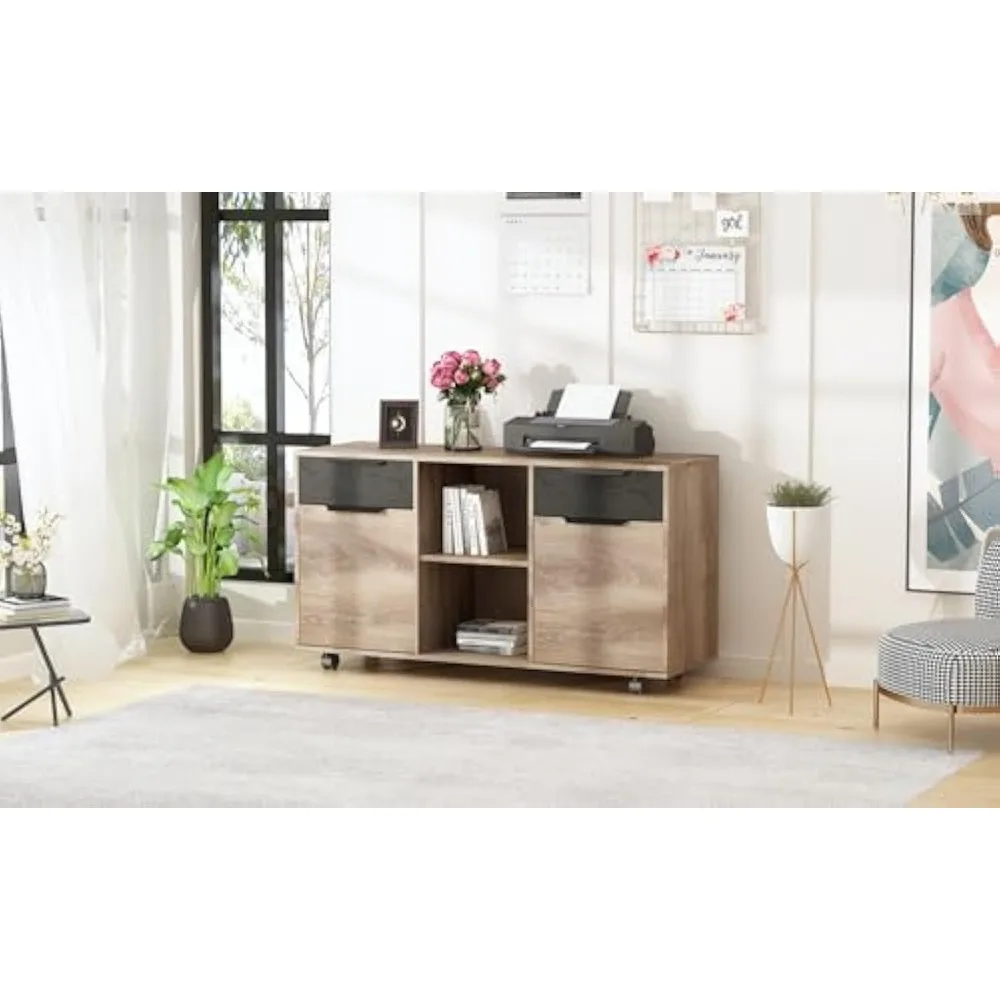 "خزانة ملفات متنقلة ذات درجين - مكتب متدحرج تحت العجلات، حامل طابعة الماهوجني للمكتب المنزلي" #4