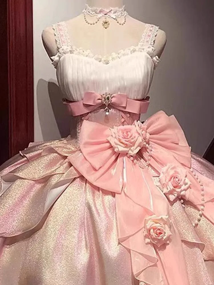 ชุดราตรีสไตล์โลลิต้าสีชมพู รุ่น Princ Sle Rose Heart Knot สำหรับผู้หญิง นักศึกษา งานวันเกิด พิธีผู้ใหญ่ พิธีกร สีชมพู