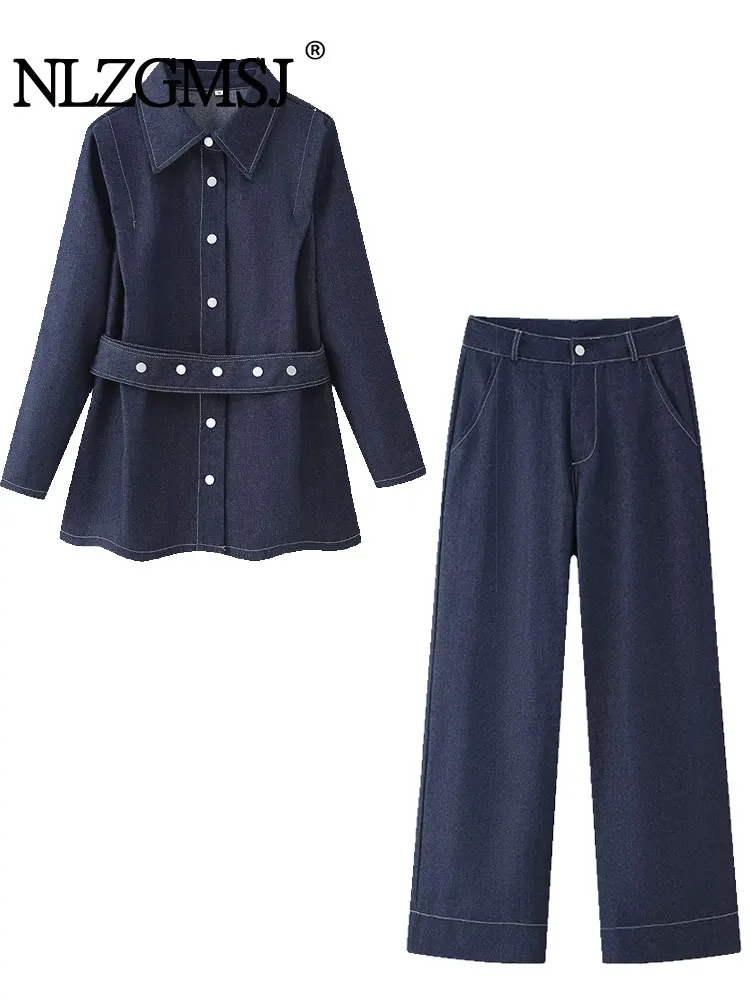 

Весна 2025 года, винтажный повседневный шикарный женский костюм, однотонный джинсовый пояс, однобортная блузка, свободный прямой комплект, брюки, модные костюмы