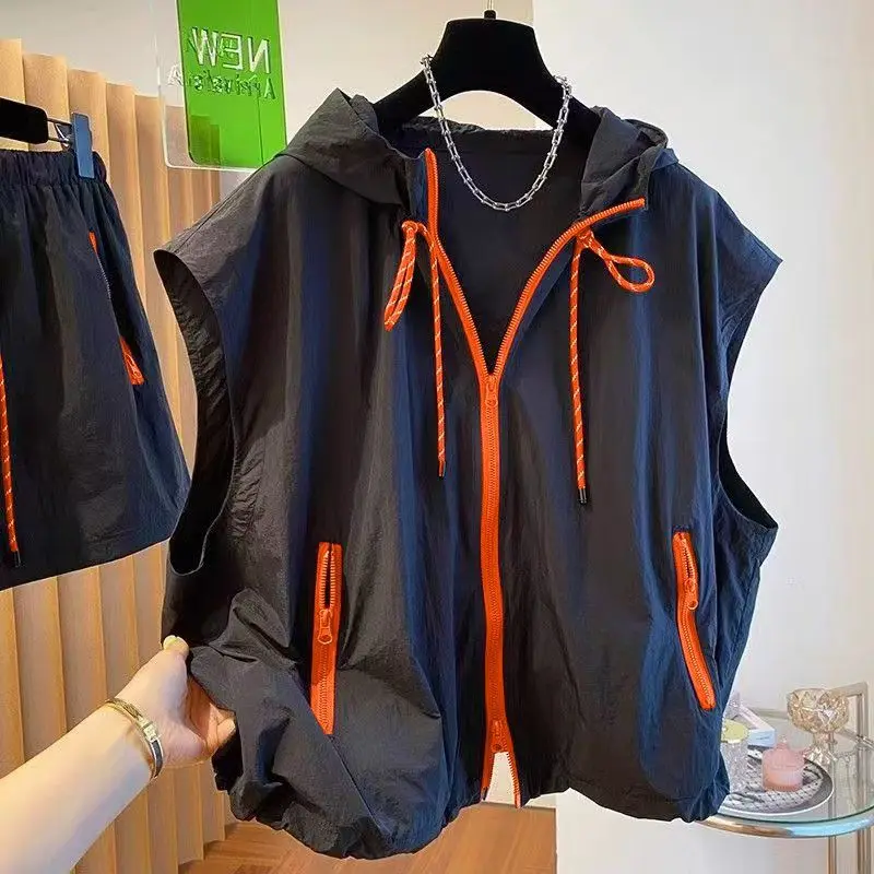 

Spring/Summer Outdoor Hooded Vest Cargo Workwear Sleeveless Lightweight Oversized UV-Protective Jacket Sweatshirt Zip Sportswear