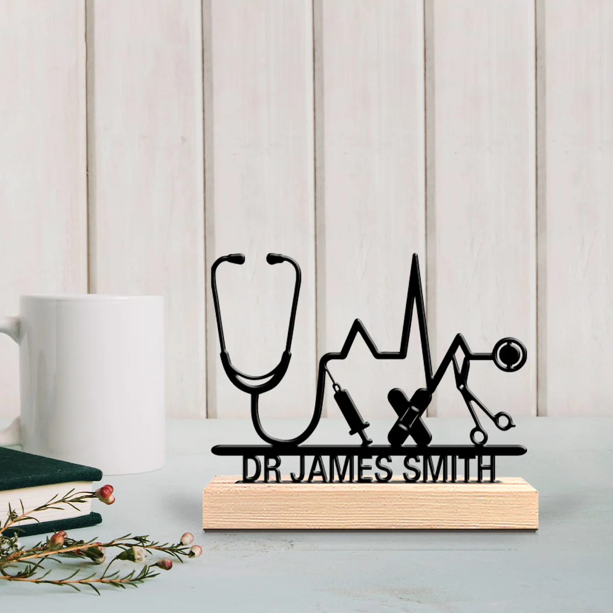 1pc Fashion Personalized Custom Stethoscope Metal Statues Metal Art With Wooden Base Desktop Decorative Art, Office Decoration