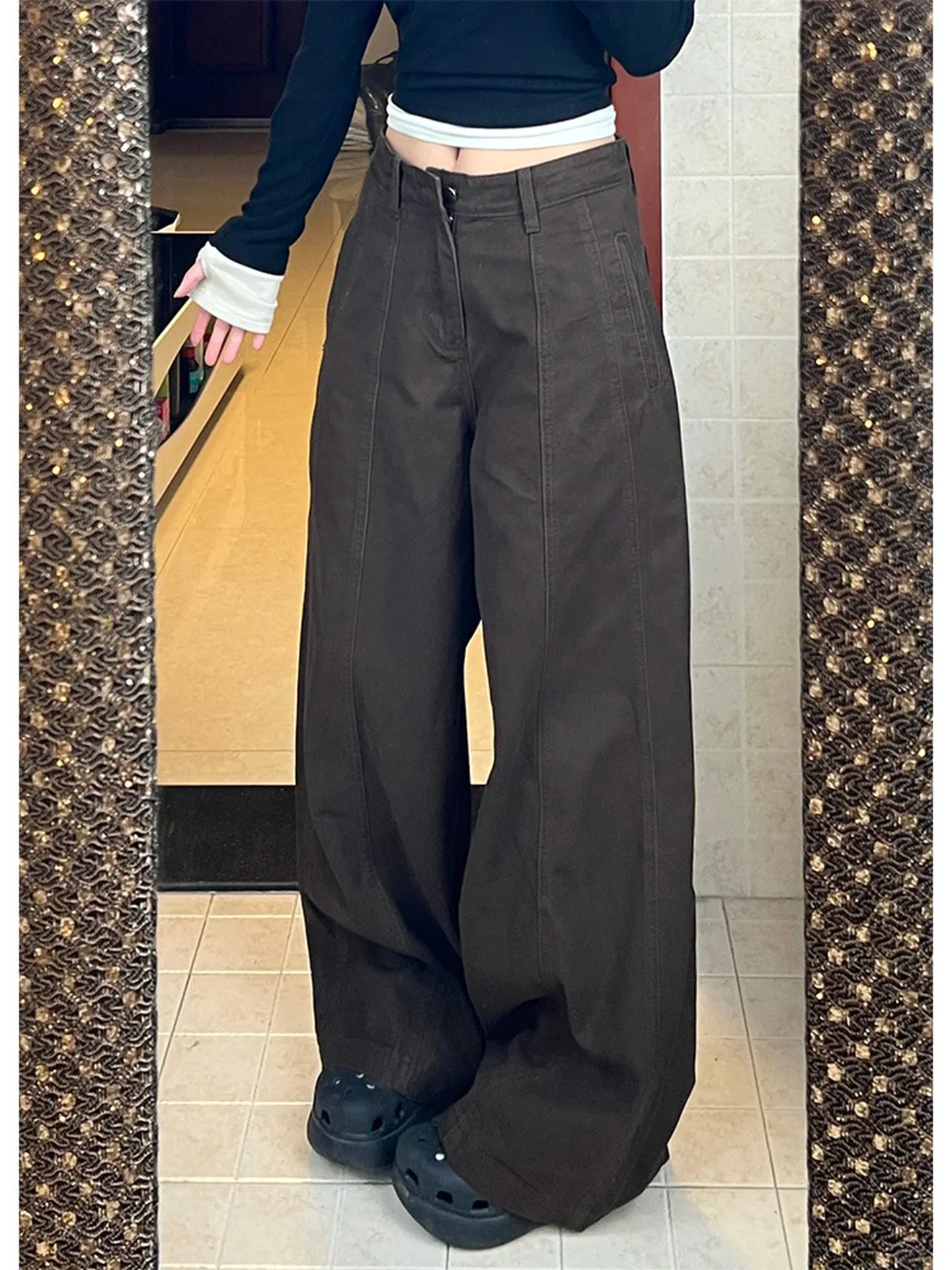 

High Waist Straight Leg Denim Jeans Women's Summer New Style Slim Fit Long Trousers American Retro Style Coffee Color Jeans