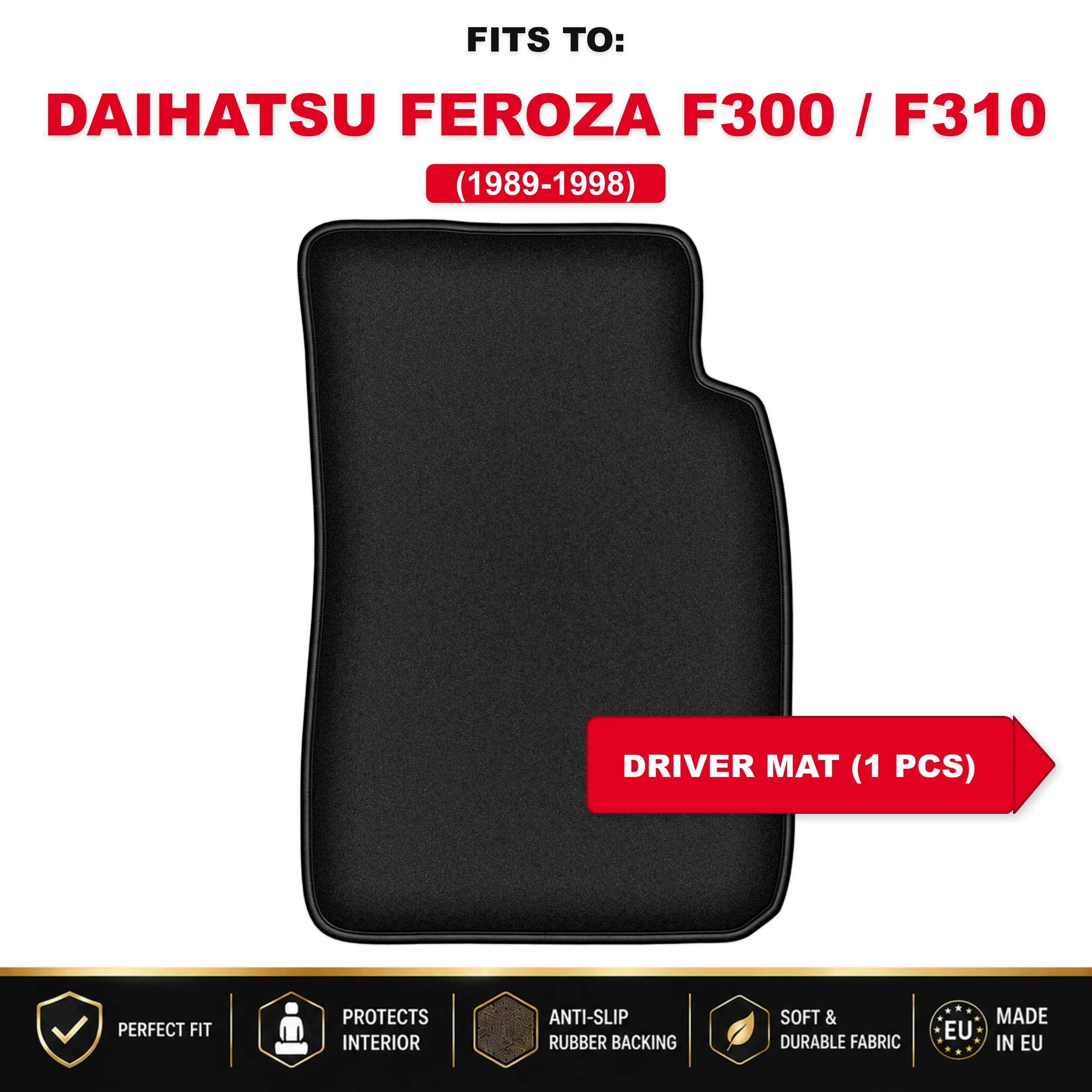 Zwart velours bestuurderskleed voor: Daihatsu Feroza F300 / F310 1989-1998 autovloermat 1 stuk onder bestuurdersbeen passend