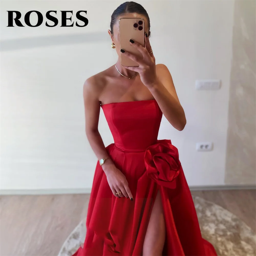 Abito da sera rosso rose abito da sera senza maniche a-line con pieghe senza spalline Vestido De Novia abiti da ballo Sexy con spacco laterale alto