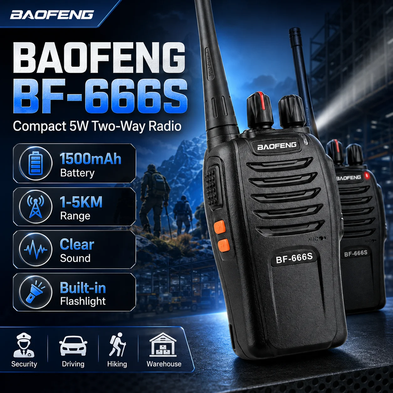 bf-666s-トランシーバー-双方向無線機-uhf-400-480mhz-5w-16ch-1500mah-長距離懐中電灯-2個セット-セキュリティ・アウトドア用