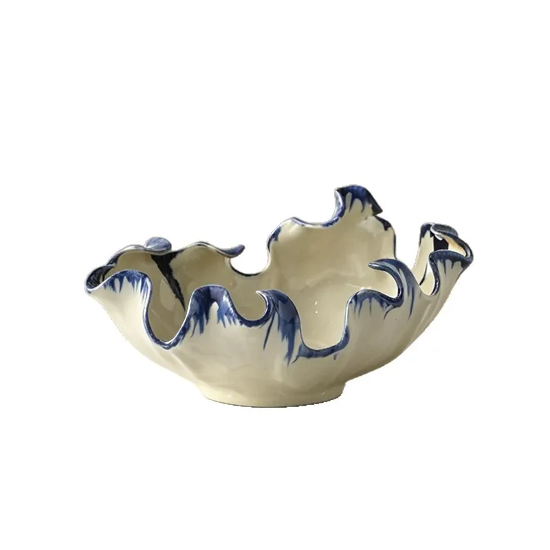 Creative blue and white gradual change wavy edge ceramic bowl irregular shape  plate modern decorative fruit basket