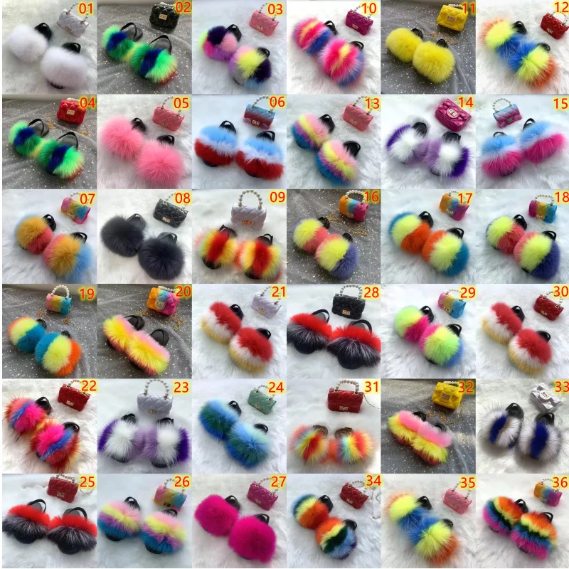 Girls Faux Fur Slippers Fullfy Furry Fur Slides Child Rainbow Jelly Bags Pearl Chain Handbag Toddler Kids Cute Fur Shoes Bag Set