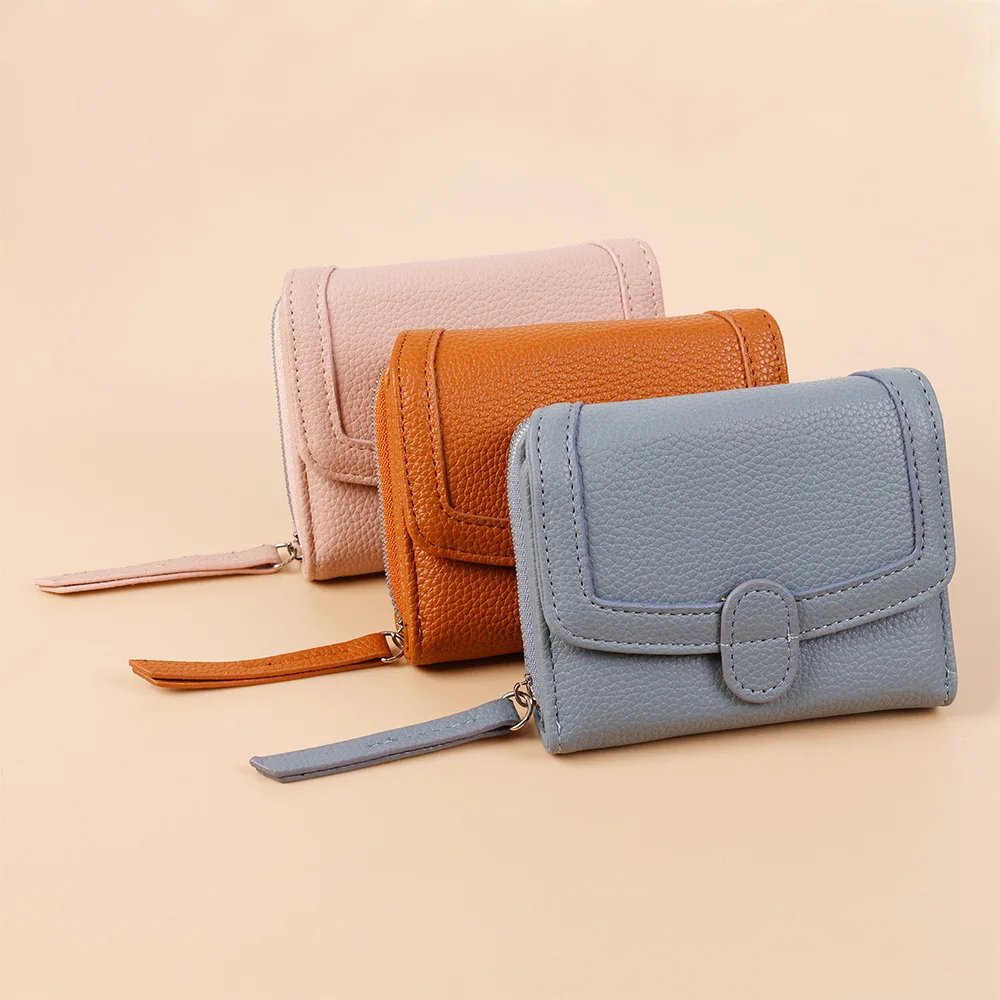 Women PU Leather Short Wallet with Wrist Strap Flap Snap Closure Zipper Pocket Small Card Holder Ladies Daily Travel Clutch