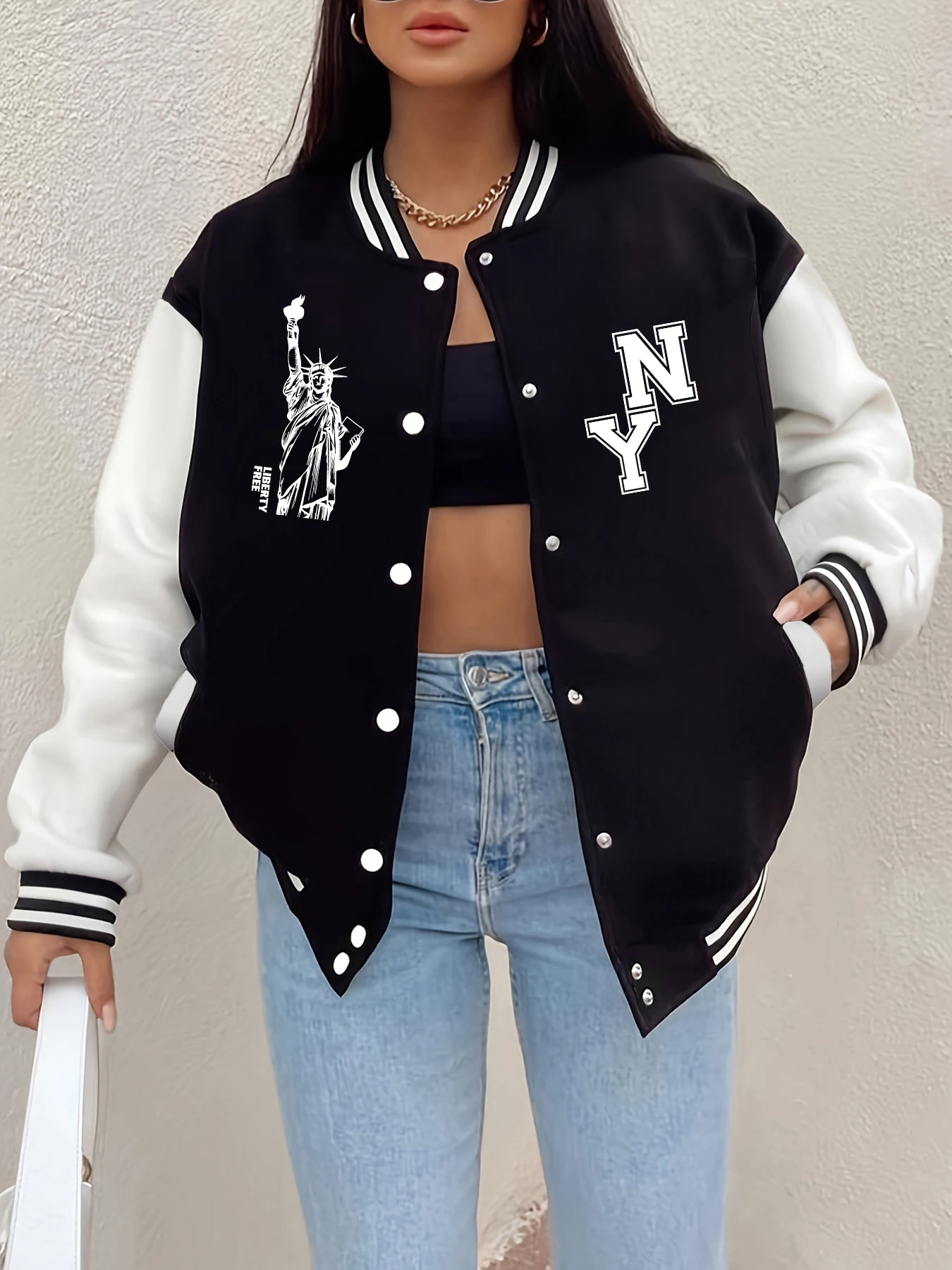 

Statue Of Liberty New York Prints Baseball Jersey Women Comfortable Loose Coats Winter Fleece Warm Jackets Basics Casual Clothes