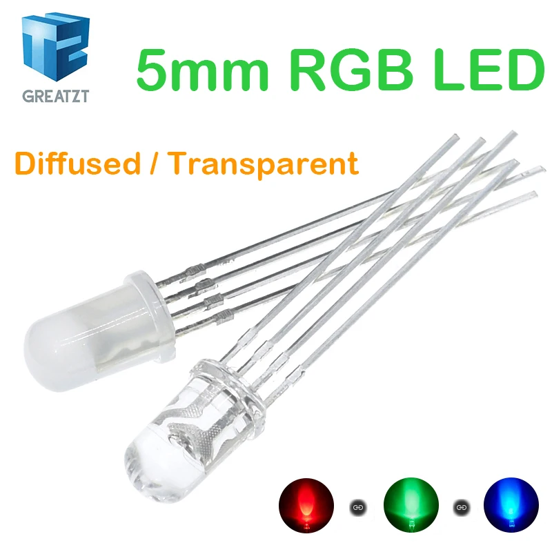 GREATZT 10pcs 5mm RGB LED Common Cathode / Common Anode Tri-Color Emitting Diodes f5 RGB Diffused / Transparent Highlight
