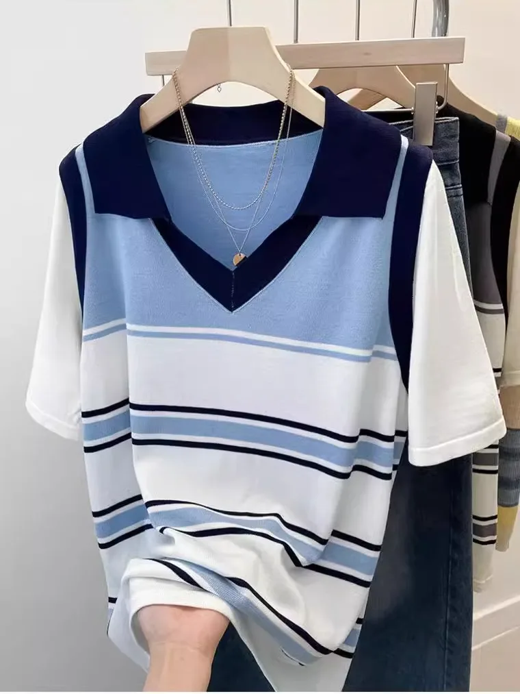 Женская модная полосатая футболка больших размеров, летняя свободная утягивающая футболка irt V-Ne, искусственный вязаный топ из двух предметов
