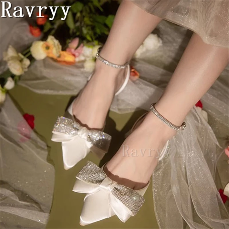 

Bling Rhinestone Bow Knot High Heels Bride Wedding Shoes White Pointed Toe Thin Heel Fairy Style Banquet Bridesmaid Shoes