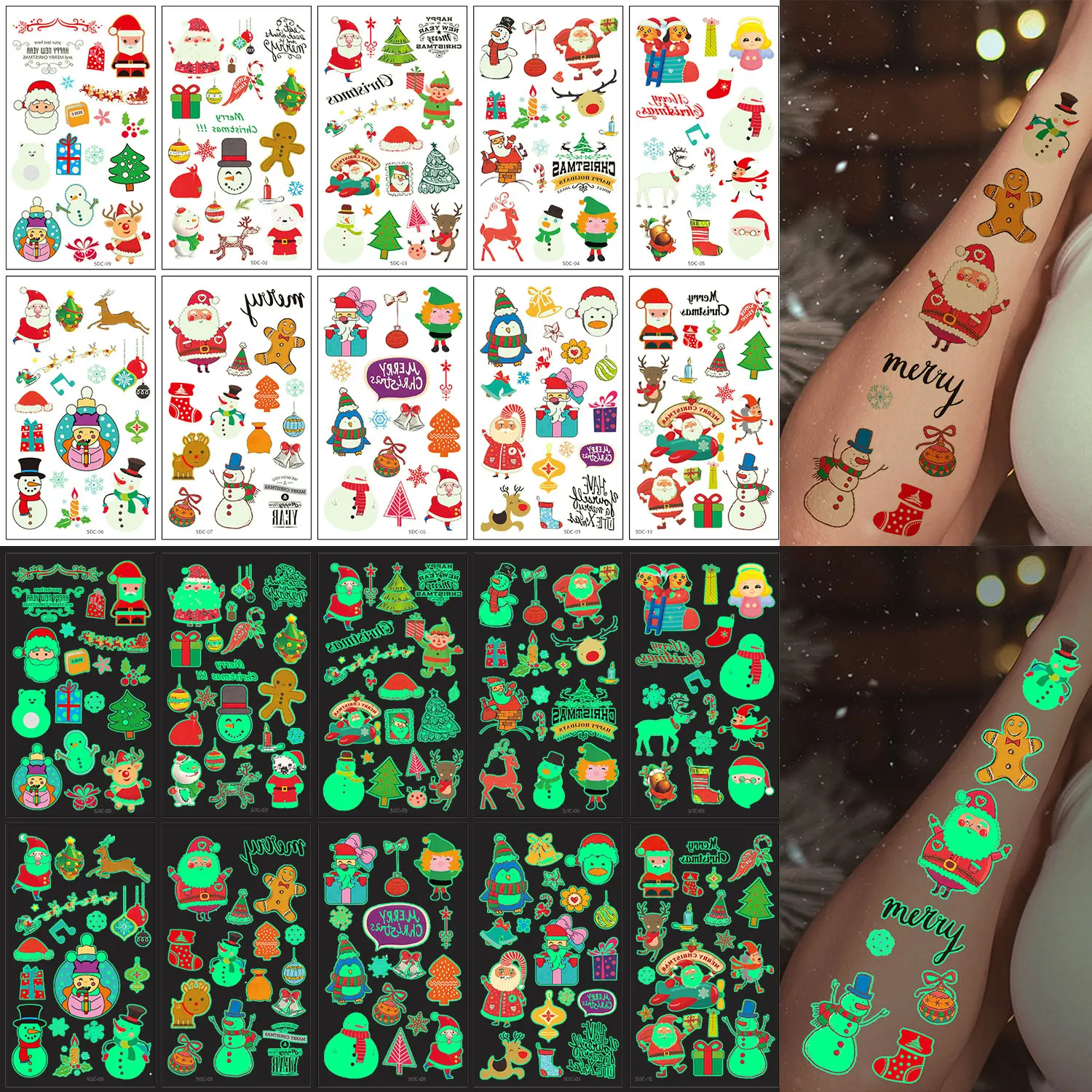 10 Christmas Temporary Tattoos That Glow in the Dark, Luminous Series Tattoo Stickers, 160 Cartoon Christmas Element Pattern Fake Tattoo Stickers, Waterproof and Sustainable for 2-5 Days, Suitable as Christmas Decoration Stickers