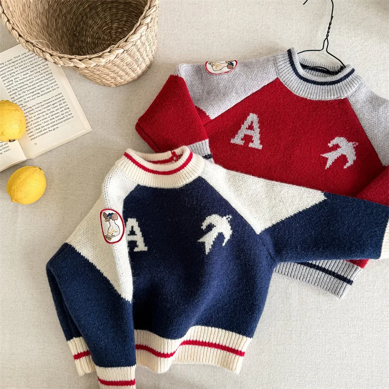 

2025 Winter New Children Thicken Sweater Baby Girls Knitted Pullover Tops Cotton Boys Patchwork Knitwear Kids Warm Clothes