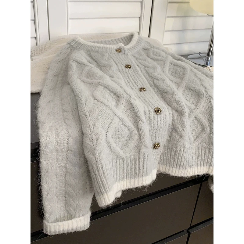 

Thiened ort Knitted Bear Velvet round Ne Sweater Coat Women's Autumn Winter Lazy Sle Warmth Outerwear Casual Sle