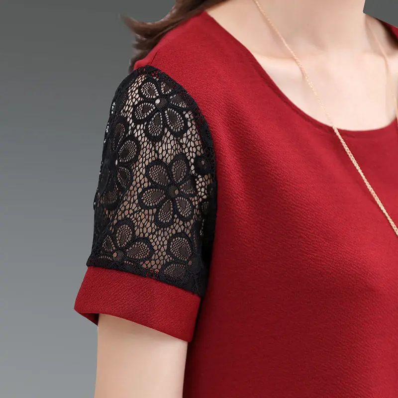 Summer New Lace Patchwork Short Sleeve Plus Size T Shirt Tops Solid Loose Versatile Pullovers Casual Fashion Women Clothing