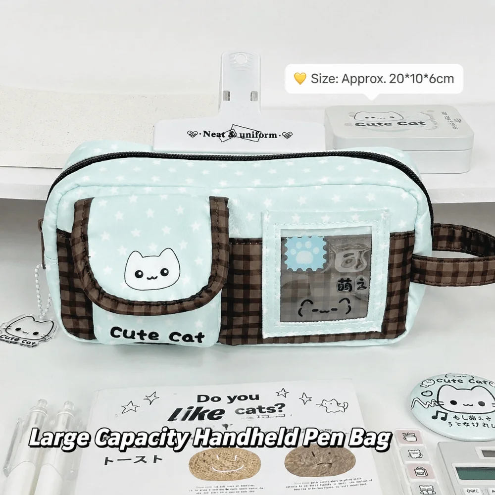 Portable Mint Chocolate Pencil Case Large Capacity Multi Compartment Pen Bag Cat Print Stationery Bag Students