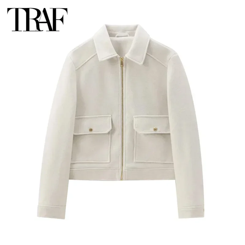 TRAF Women\'s Outerwear White Khaki Green Coat 2024 Autumn Winter Elegant Long Sleeve Wool&Blend Jacket Lady Fashion Casual Coat