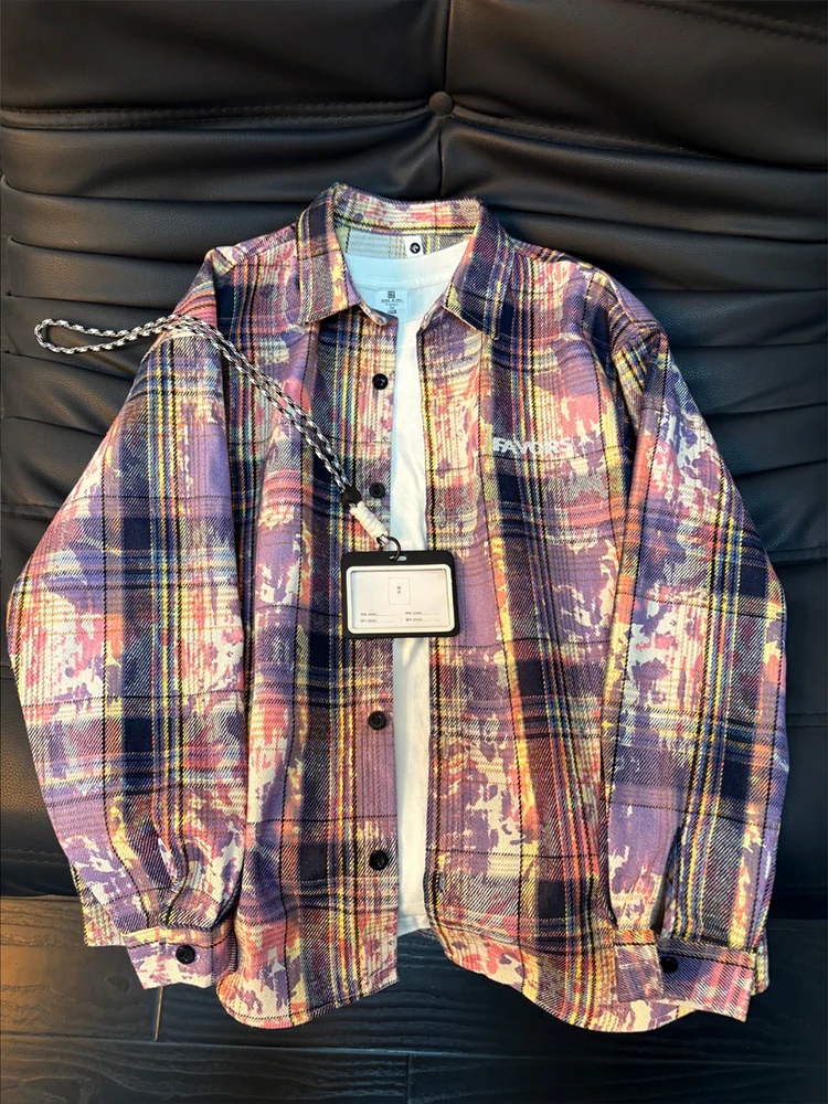 

Фиолетовая американская клетчатая рубашка с длинным рукавом для мужчин, весенняя, модная, брендовая, для пар, свободного кроя, дышащая, приятная к телу.