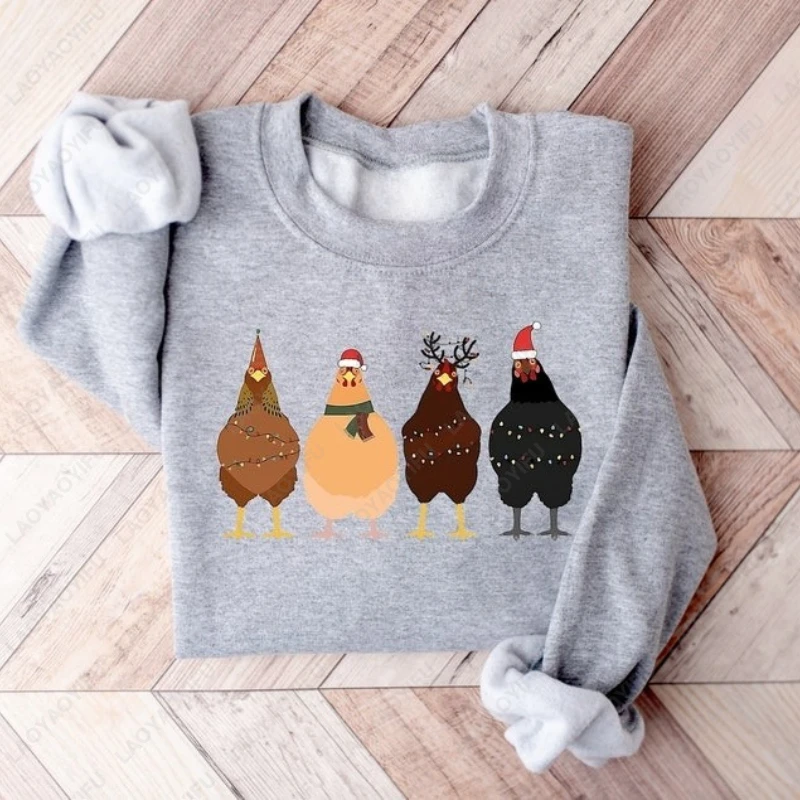 

Сute Christmas Chickens Holiday Crewneck Sweatshirt Creative Novelty Farm Pair Men Women Pullover New Year Xmas Navidad Hoodie