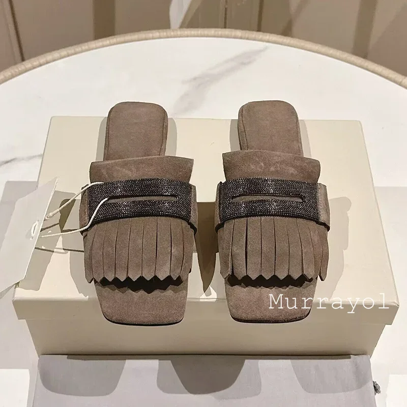 One Strap Tassels Design Flat Bottom Slippers Women Square Toe Cow Suede String Bead Decor Slippers Summer Vacation Shoes