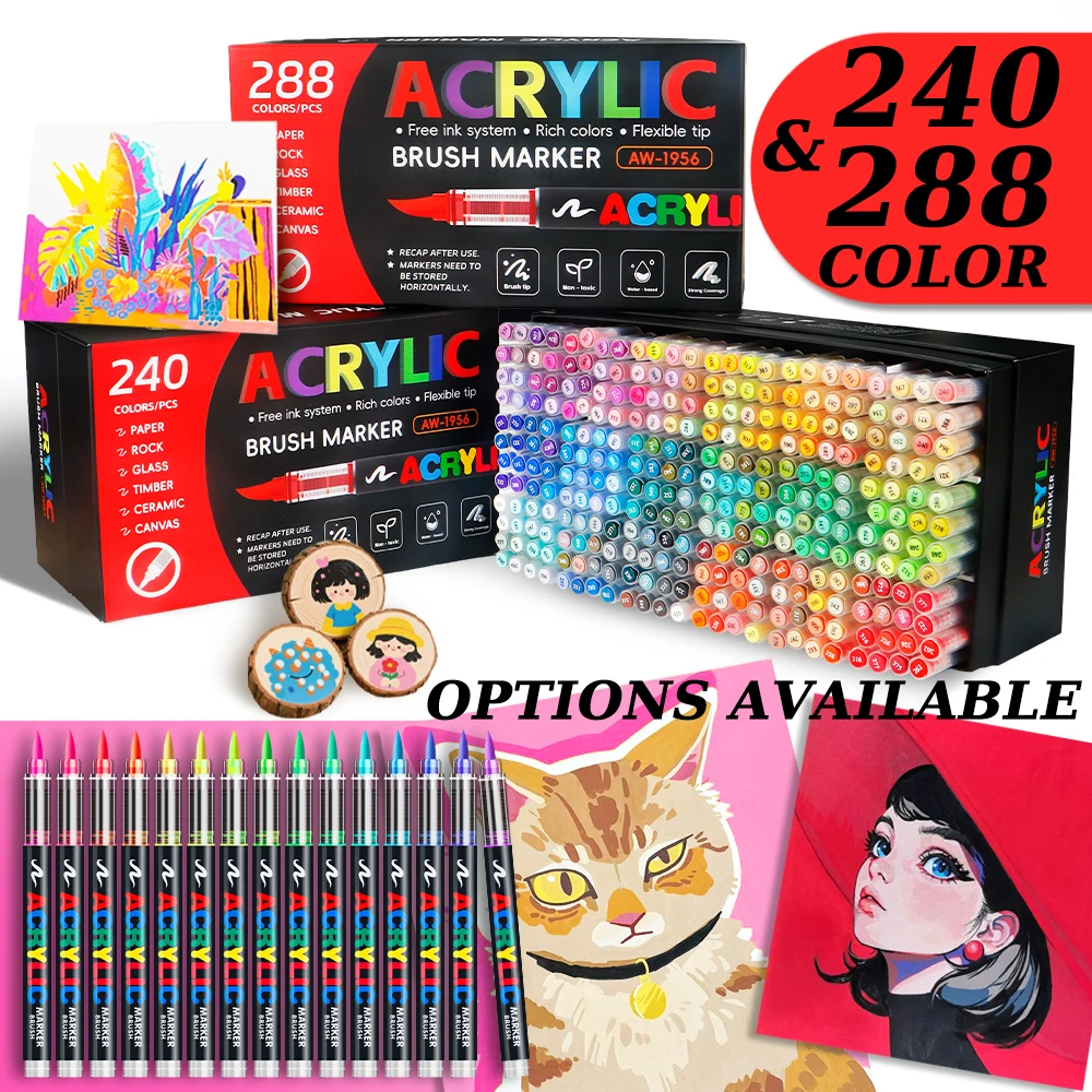 240/288 Colors Straight Liquid Acrylic Art Markers, Vivid Pigment, Paint Pens for Students, Artists & Hand-Painting Projects