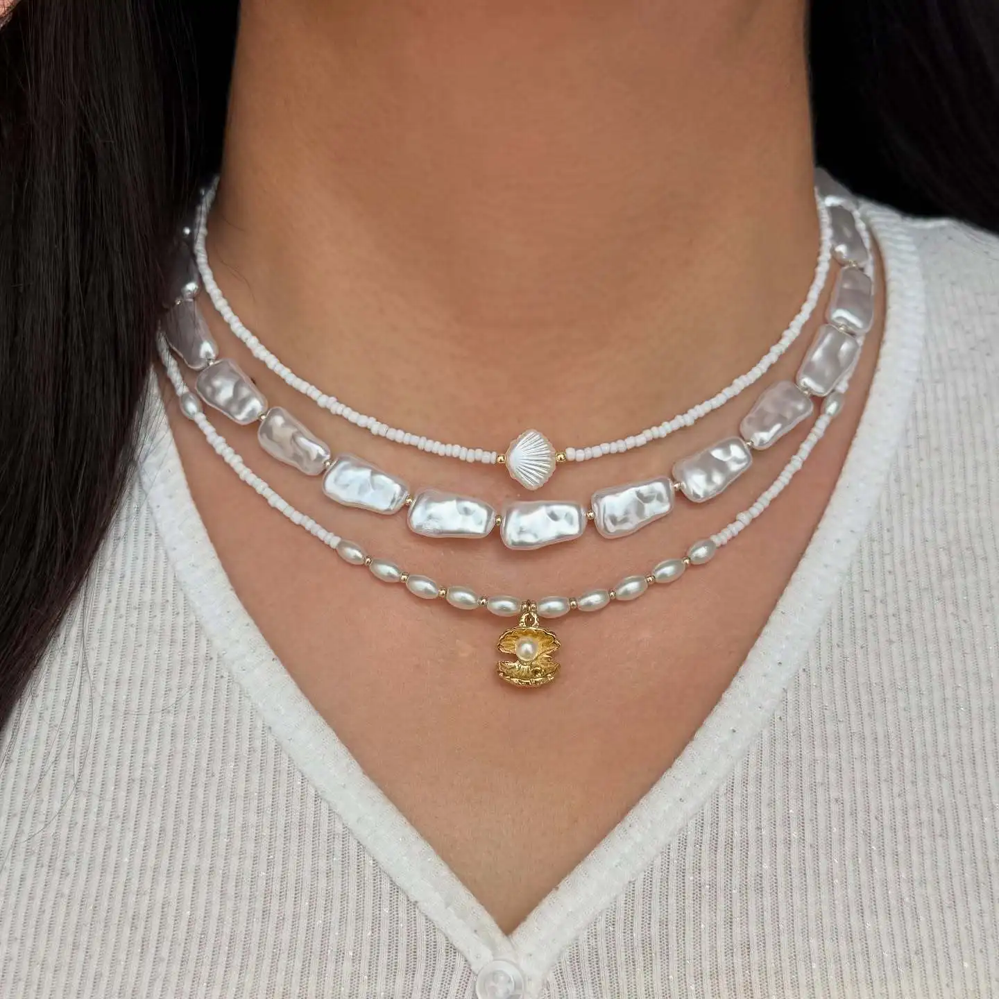 Boho Scallop Pendant Necklace 2026 Multi-Layer Sweet Opposite Sex Imitation Pearl Weaving Girl Fashion Vacation Jewelry